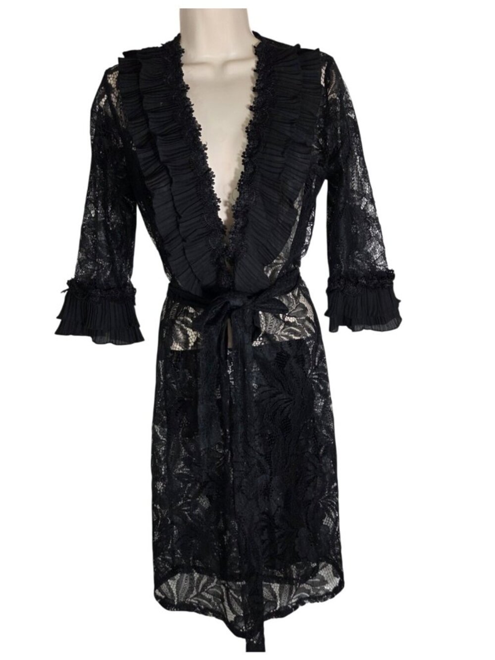 VTG 90s Lace Sheer Ruffle Tie Cardigan Sz S Victorian Whimsigoth Fairy Witchy